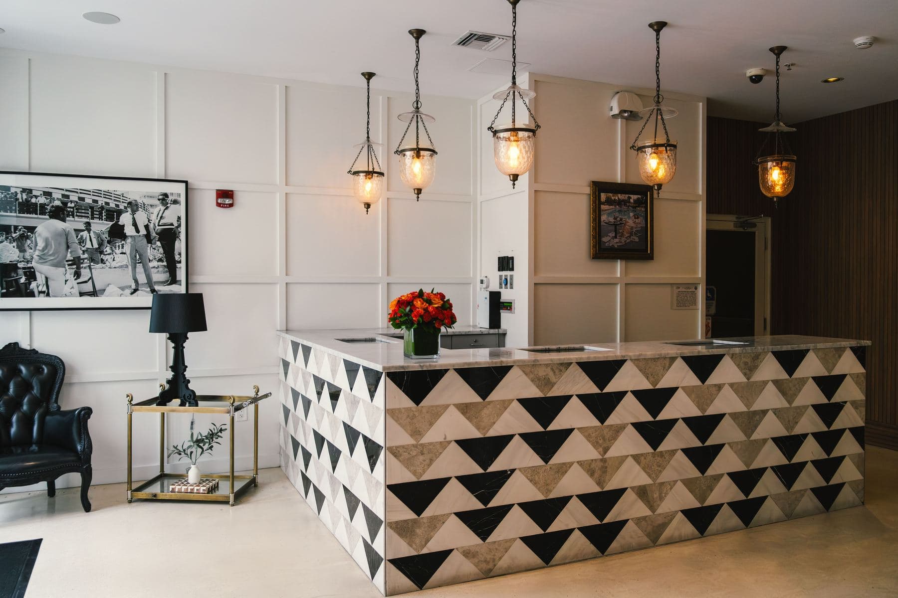 A bright hotel reception desk