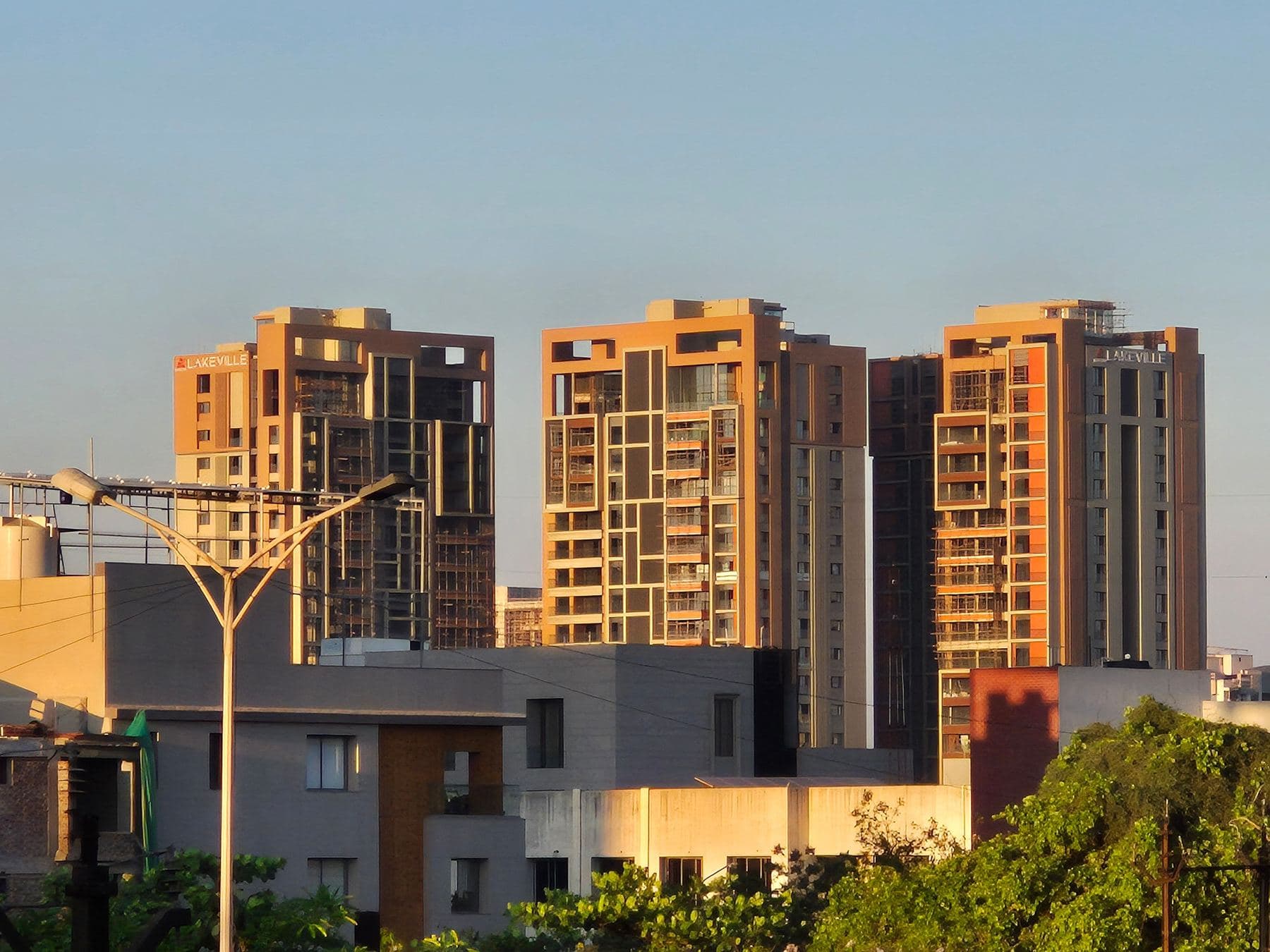 Residential towers at sunset